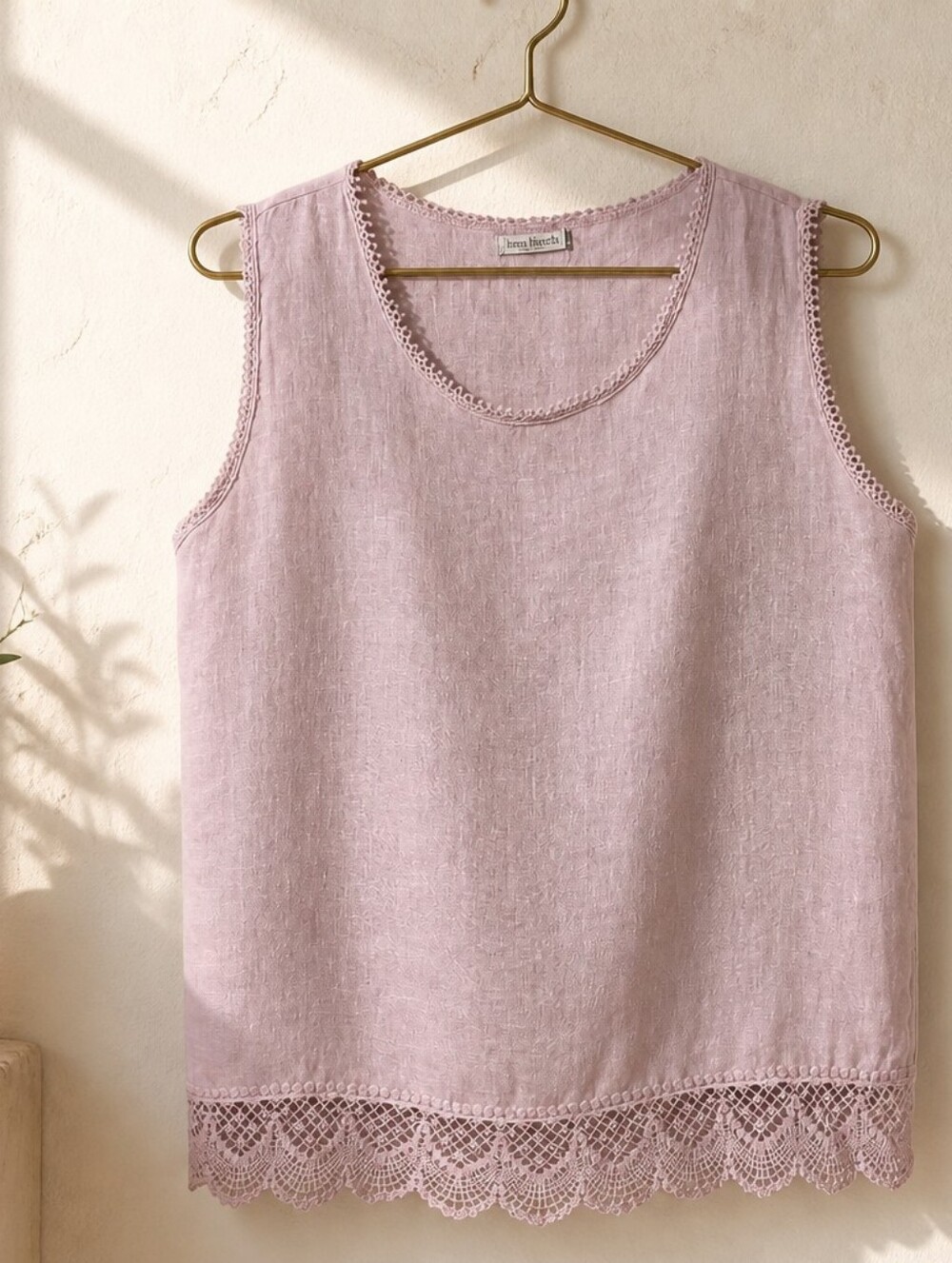 Laura Bianchi Womens Sleeveless Linen Top Boxy Fit Crochet Hem Light Dusty Pink